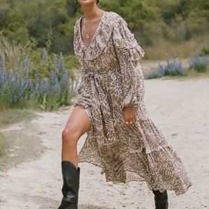 Spell Gypsy Dress Ada Gown Leopard Print Belted Ruffle Maxi Sz L New